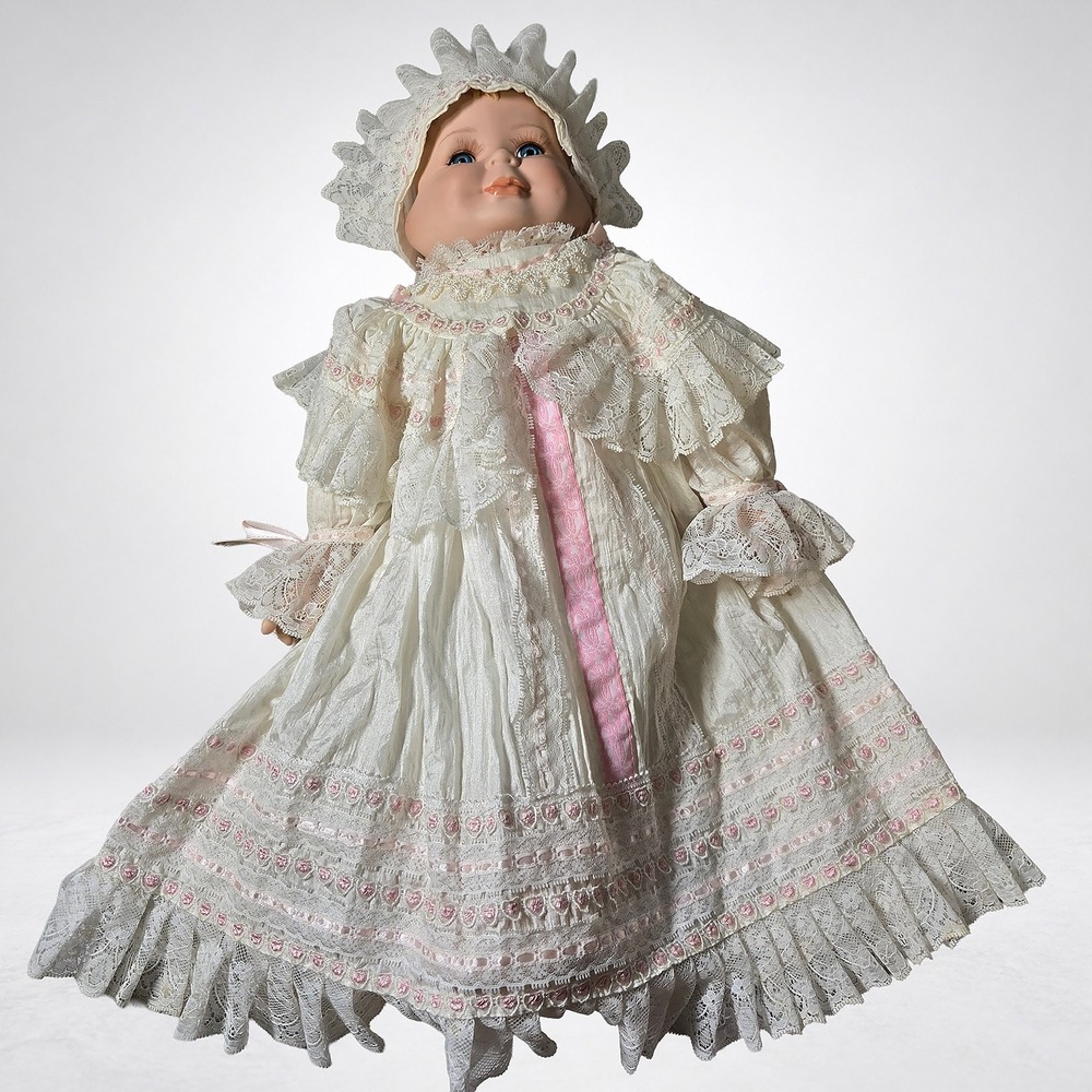Cracker Barrel Three Face Porcelain Doll 21 in Rotating Head Lace Gown Bonnet
